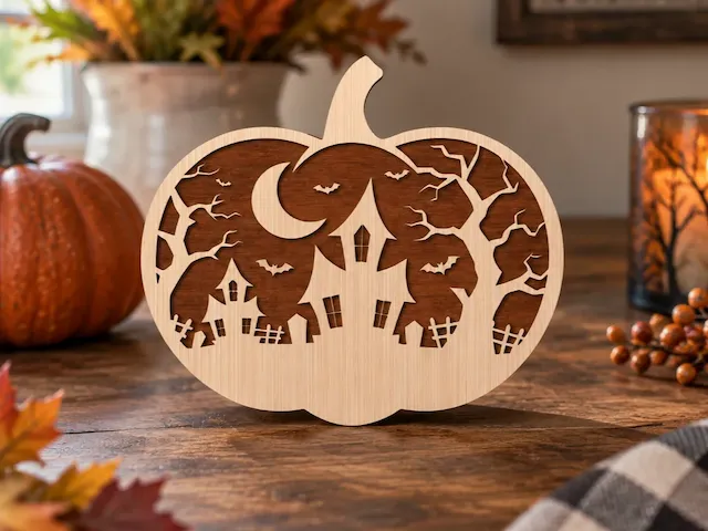 Halloween Pumpkin Tabletop Sign with Haunted House and Moon Silhouette – Laser Cut Design