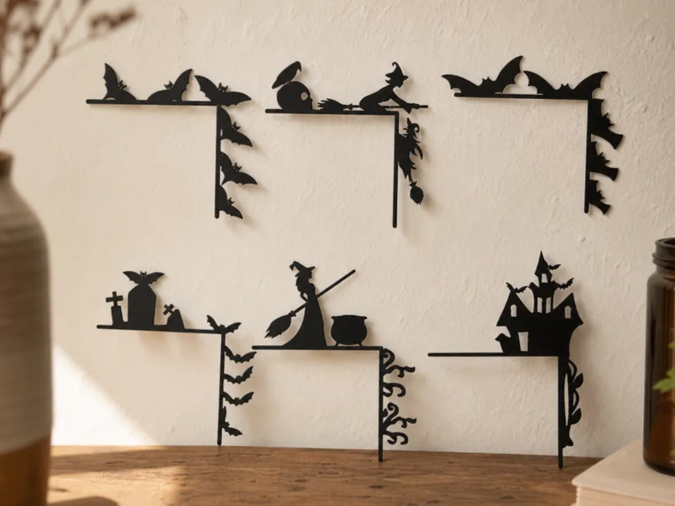 Halloween Themed Corner Wall Accents Featuring Witches Bats and Haunted Houses