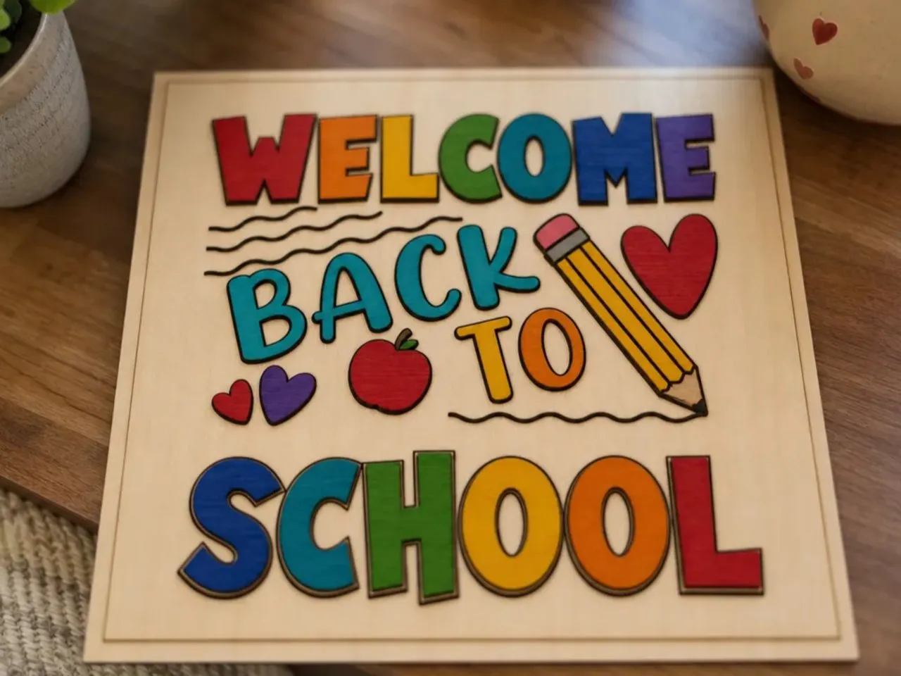 [Laser cut and engrave] Welcome Back To School Classroom Sign with Pencil and Apple Motif