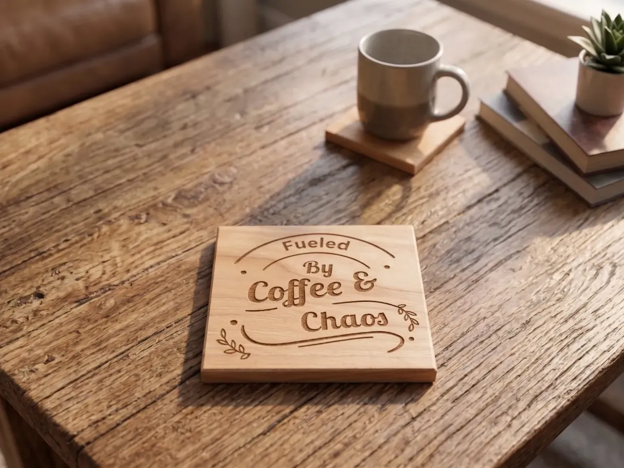 [Laser cut and engrave] Fueled By Coffee and Chaos Square Wooden Coaster