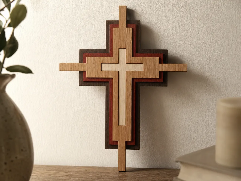 Layered Wooden Wall Cross with Multi-Tone Finish