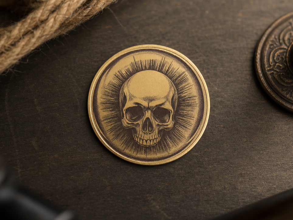 Gold Coloured Coin Featuring a Detailed Skull Motif
