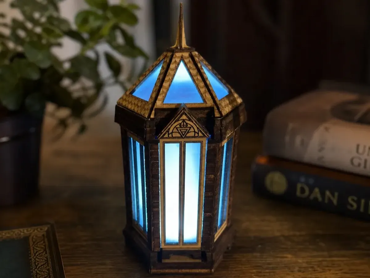 [Laser cut and engrave] Gothic Style Hexagonal Tabletop Lantern with Blue LED Glow
