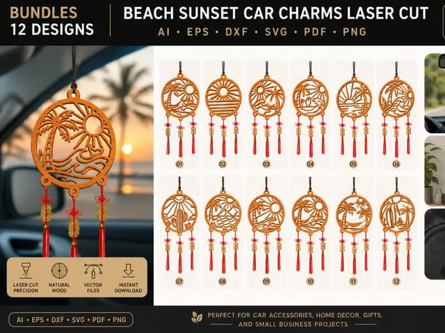 Beach Sunset Themed Hanging Car Charm with Tassels
