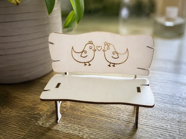 Miniature Wooden Bench with Lovebirds Motif