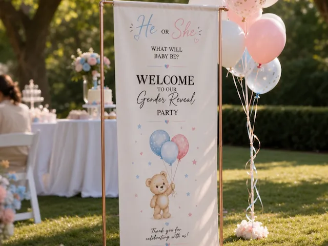 He or She Gender Reveal Party Welcome Banner with Teddy Bear