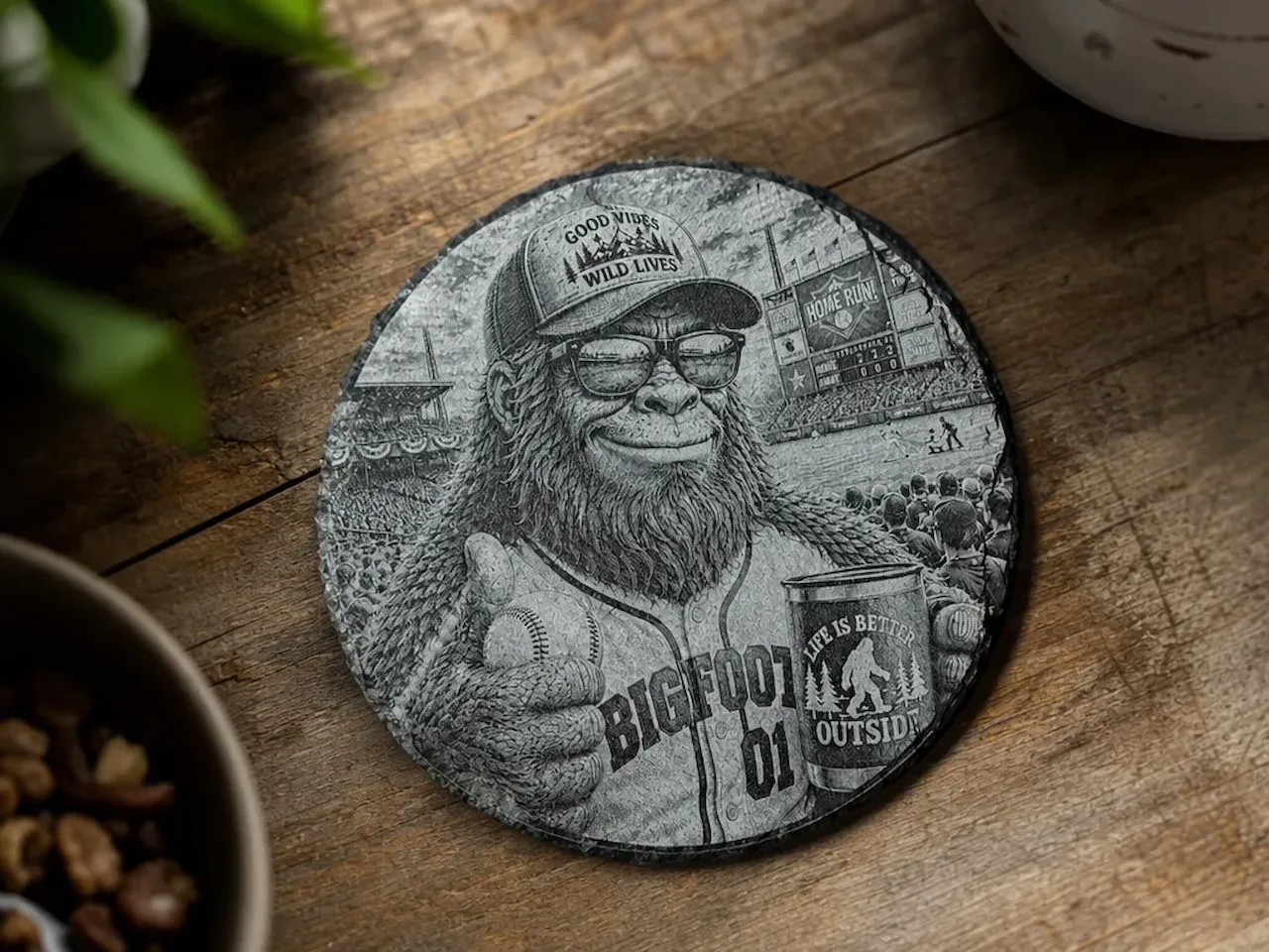 [Laser cut and engrave] Round Slate Coaster Featuring Bigfoot Baseball Fan Illustration