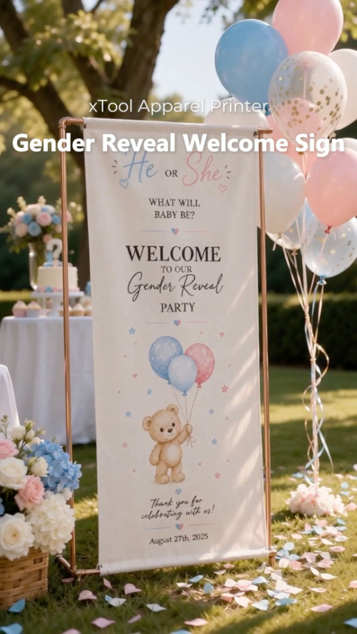 [DTF Printing] He or She Gender Reveal Party Welcome Banner with Teddy Bear