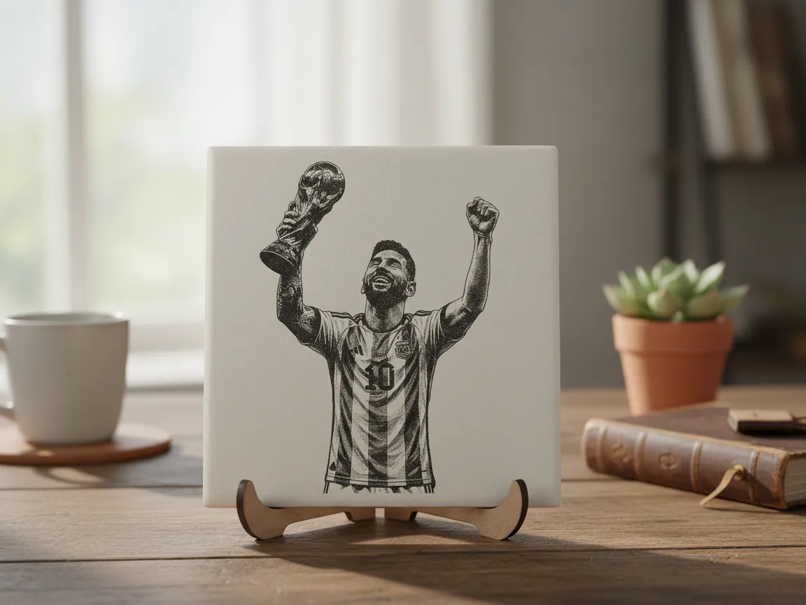 Lionel Messi holding Possibly? the World Cup trophy 2026 square ceramic tile