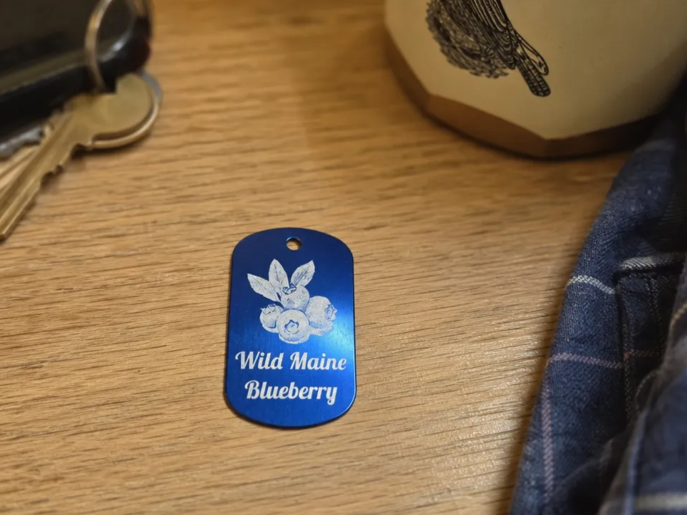 Blue Metal Tag with Wild Maine Blueberry Illustration