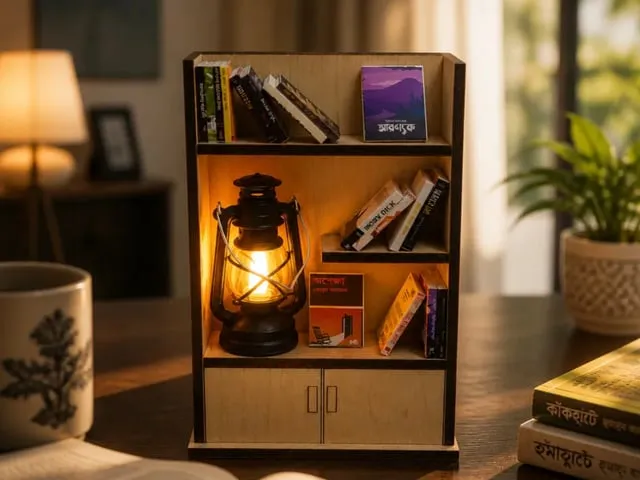 Miniature Bookshelf Table Lamp with Lantern