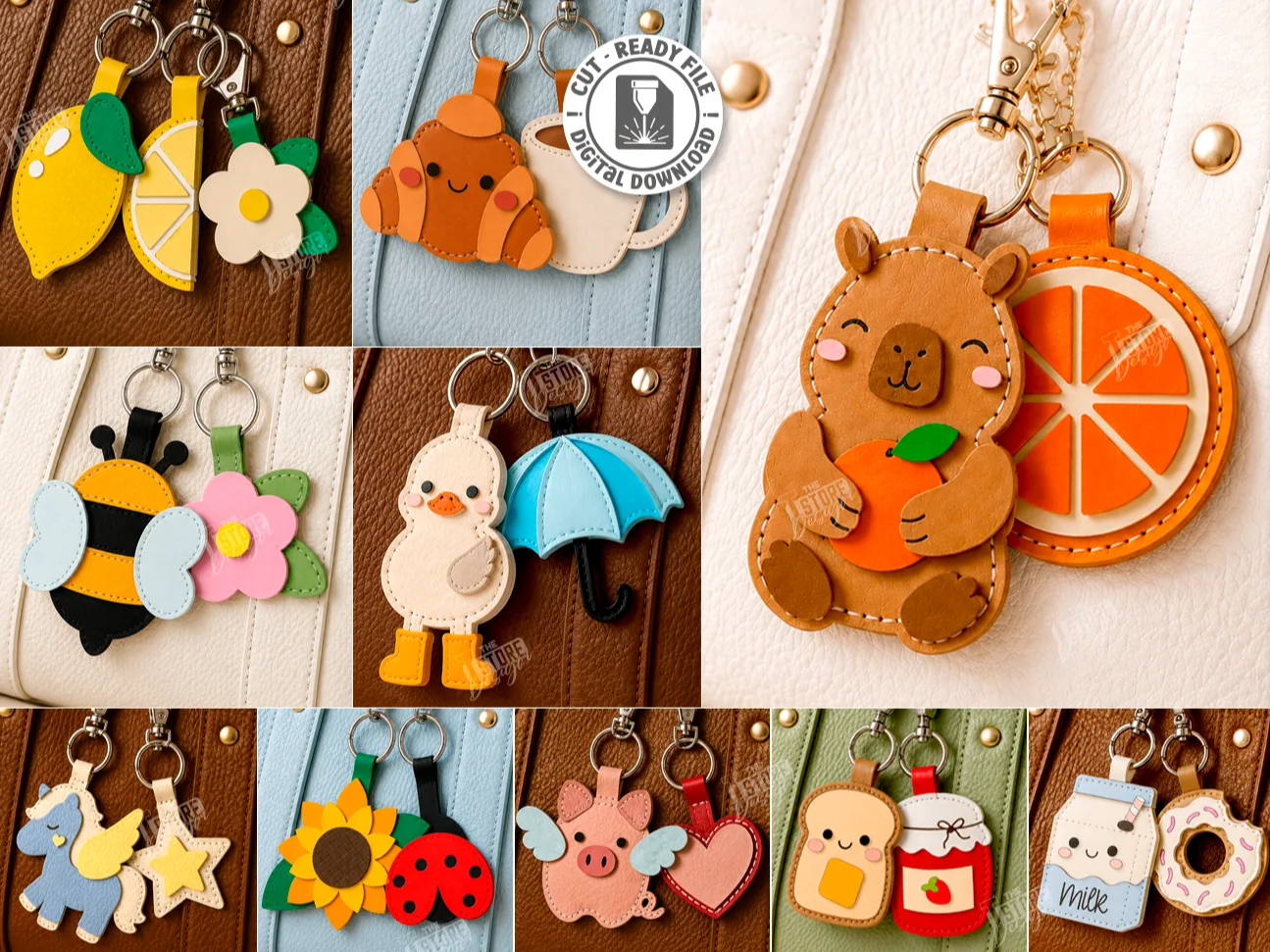 Leather Assorted Kawaii Animal and Food Shaped Bag Charm Keychains laser cut Bundle. Cute Design. Bag Accessories