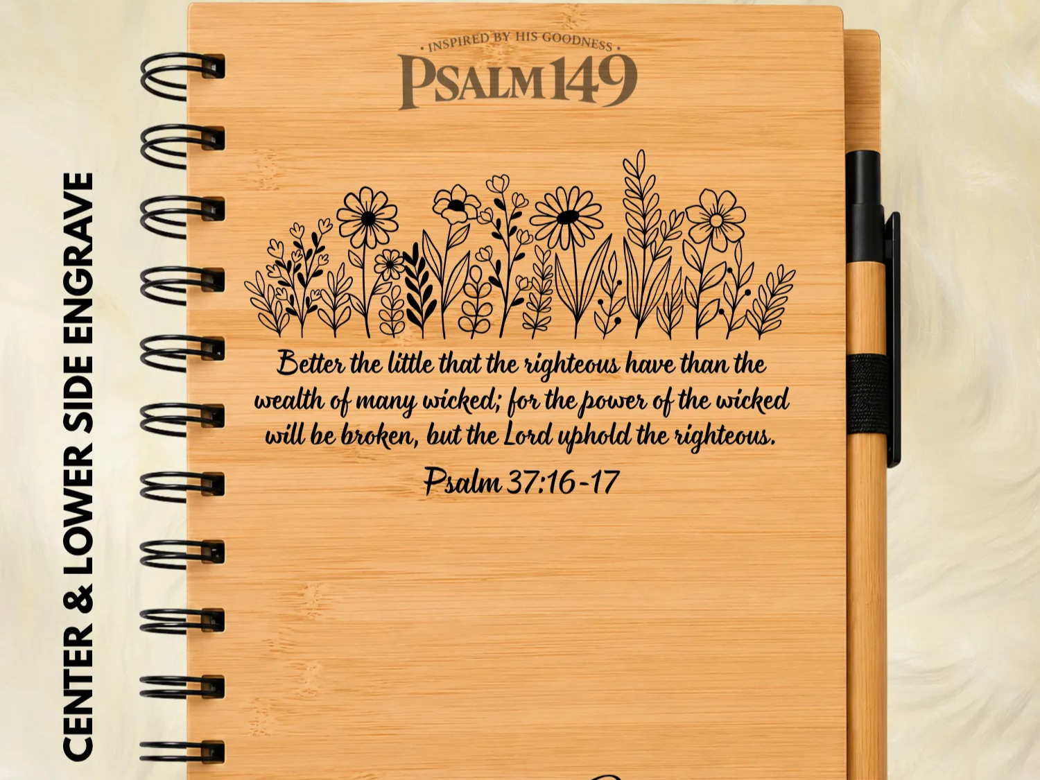 Bamboo Spiral Notebook with Floral Motif and Psalm 37 Scripture Verse