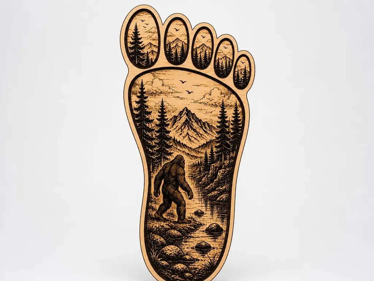 [Laser cut and engrave] Bigfoot Mountain Landscape Wall Hanging in Footprint Shape