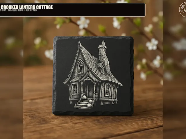The Crooked Lantern Cottage – Halloween Slate Coaster PNG