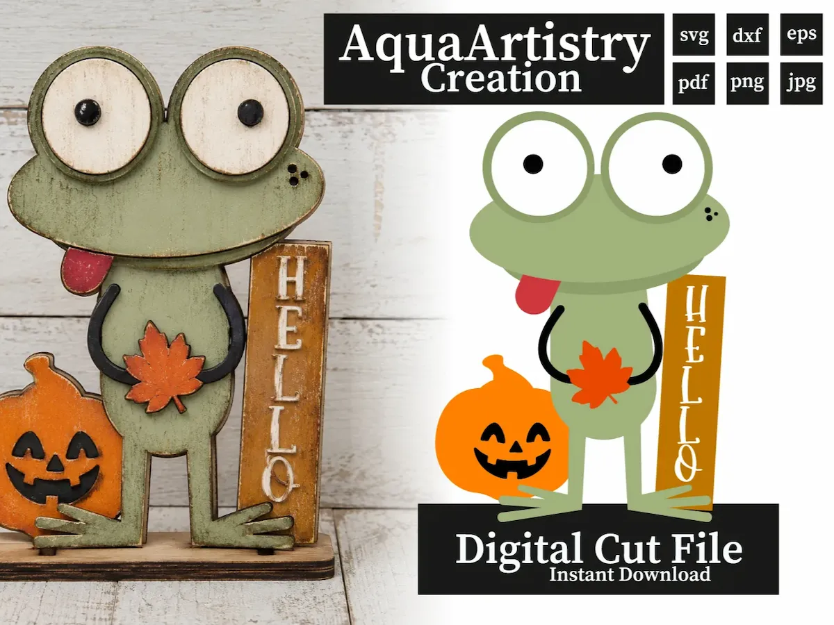 [Laser cut and engrave] Frog with Pumpkin and Hello Sign Fall Tabletop Decor