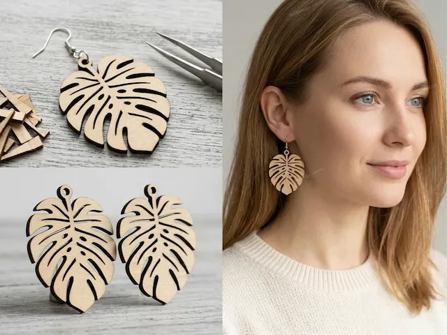 Monstera Leaf Wooden Dangle Earrings