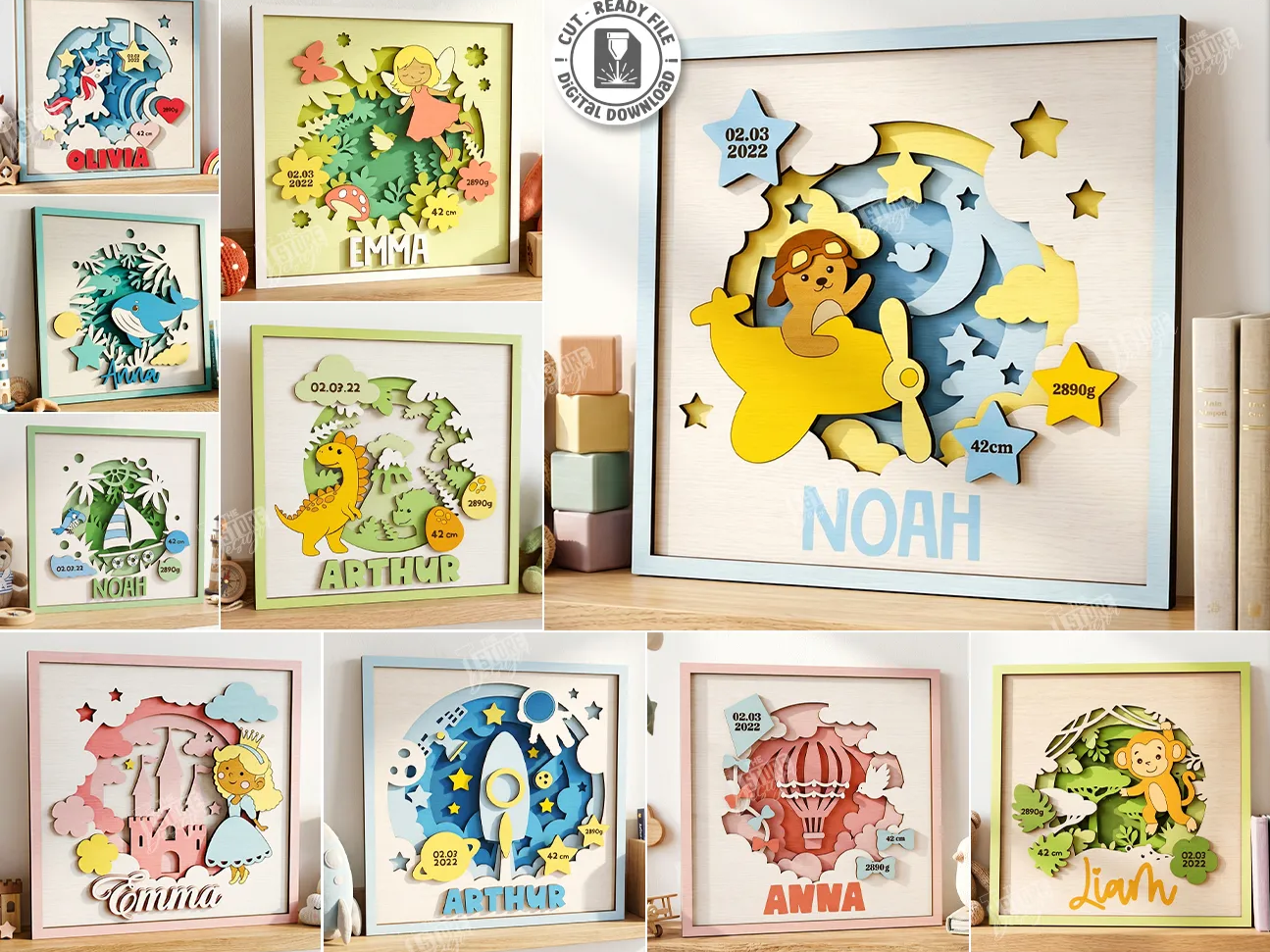 Personalized Nursery Wall Art with Baby Birth Details Laser Ccut Bundle. Kids Laser. Baby Shower. Newborn