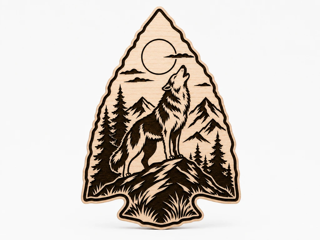 Majestic Wolf Arrowhead SVG XCS | Howling Wolf Mountain Scene | Laser Cut Wooden Wall Art | Rustic Lodge Decor Digital Download