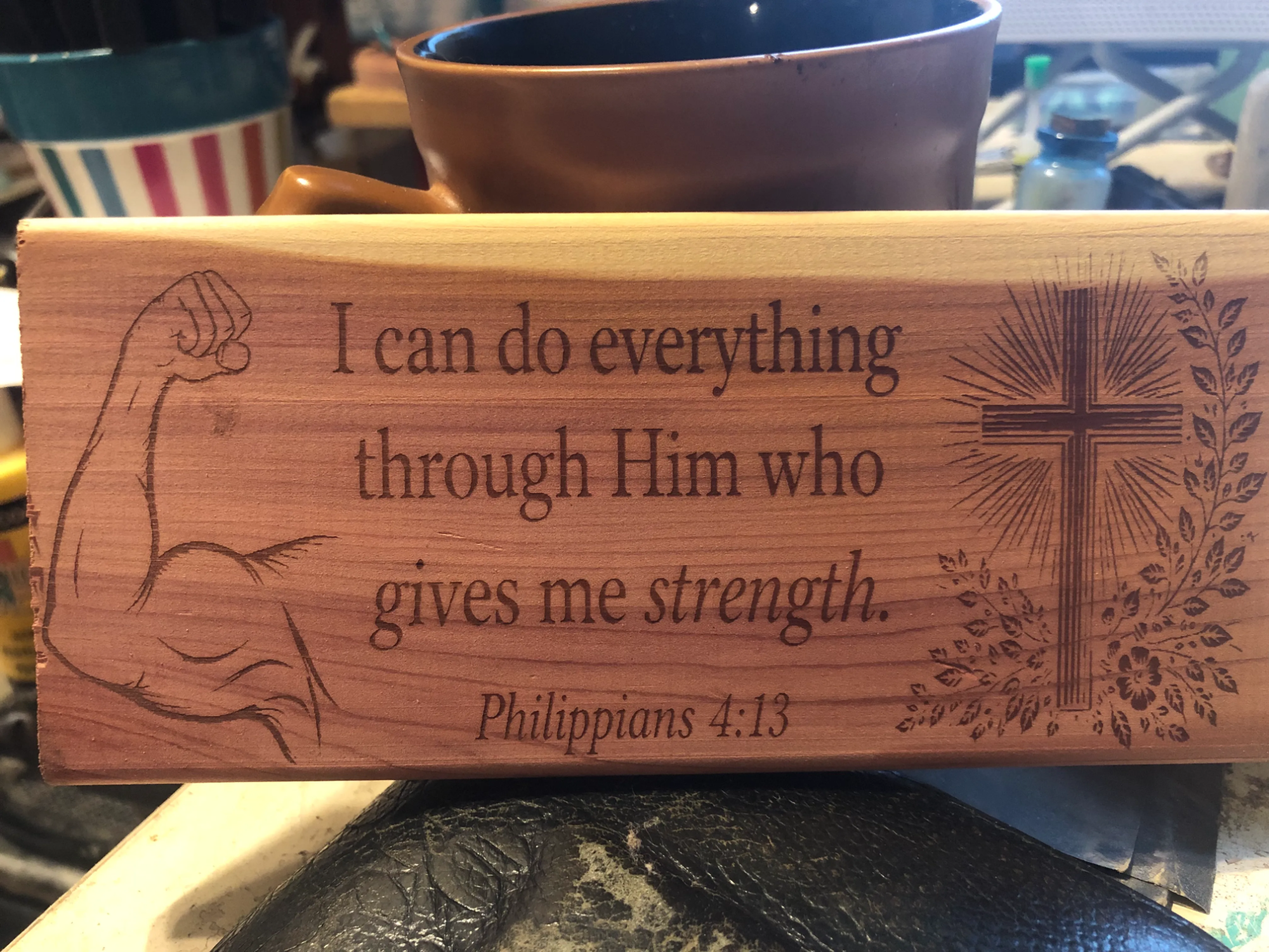 Philippians 4:13 Bible Verse Wooden Sign with Cross and Bicep Illustration