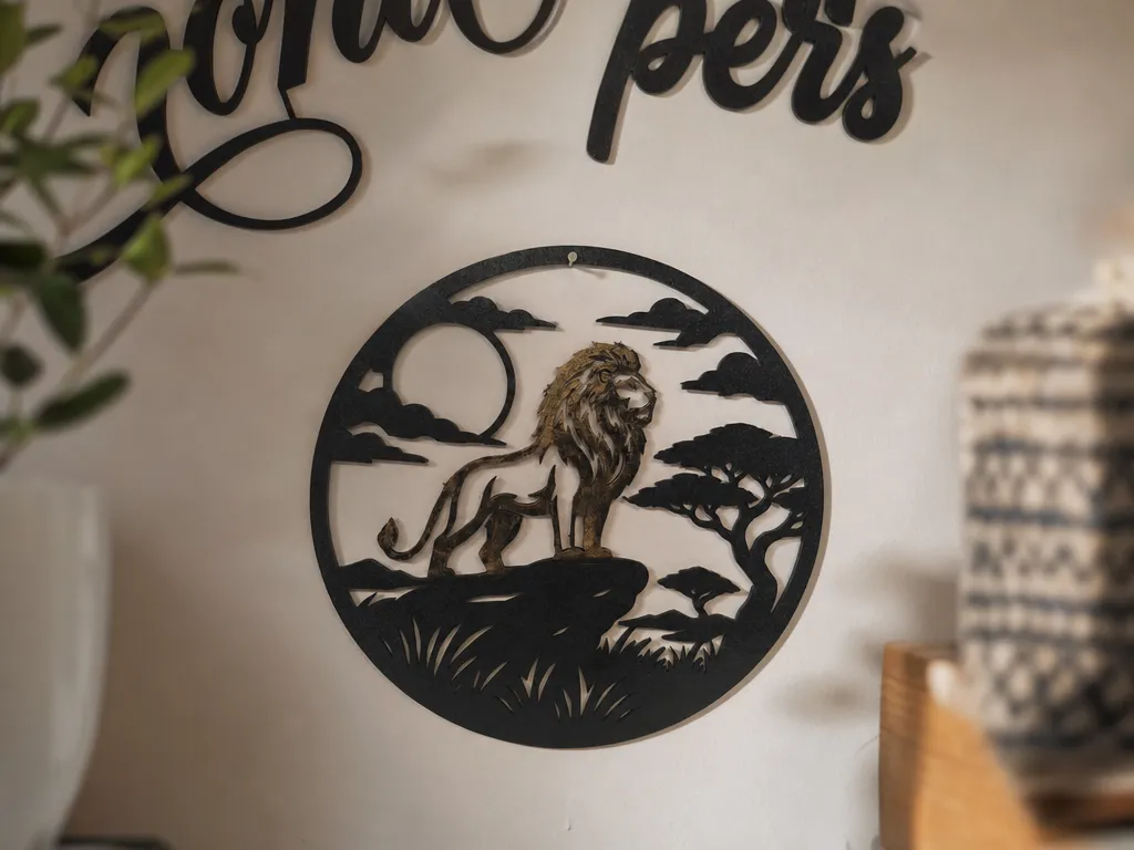 Circular Lion Silhouette Wall Hanging with African Savanna Landscape