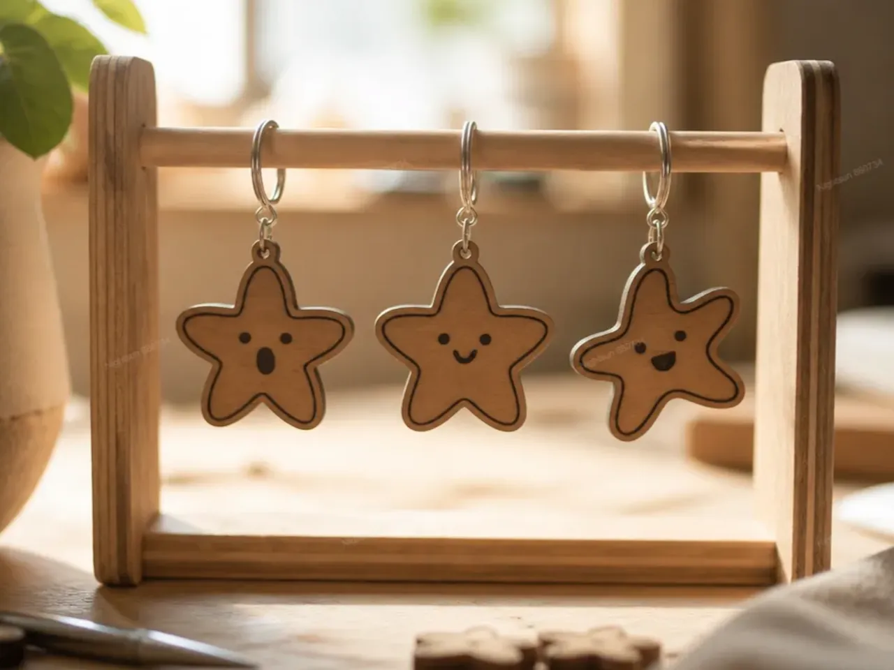 [Laser cut and engrave] Star Shaped Wooden Keychains with Cute Facial Expressions