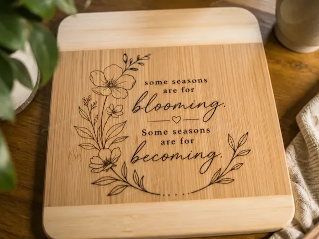 Bamboo Cutting Board with Floral Blooming and Becoming Quote