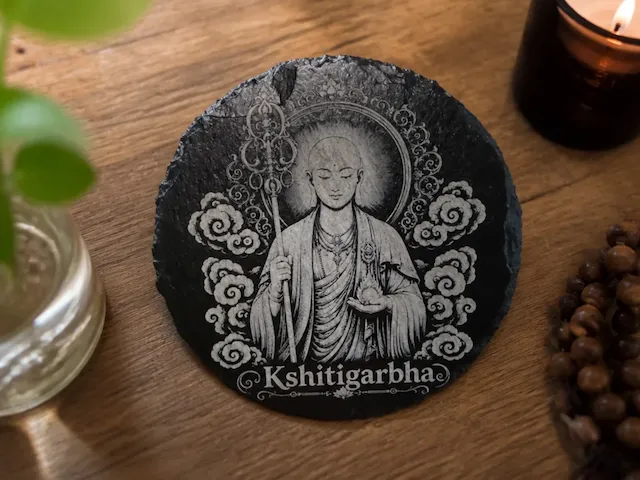 Sous-verre en ardoise ronde avec illustration du bodhisattva Kshitigarbha
