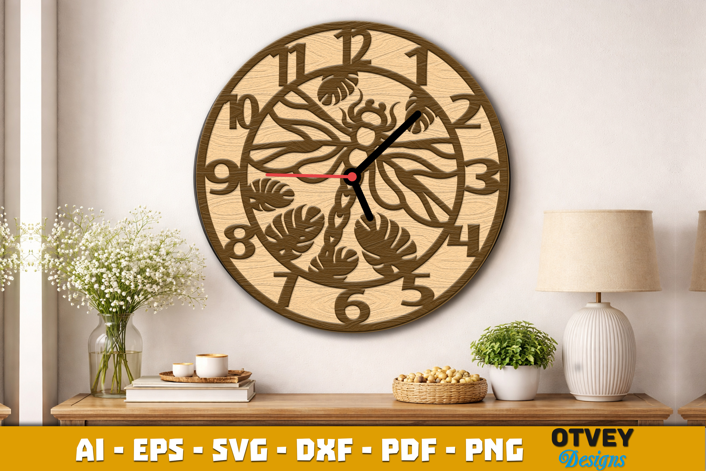 [Laser cut and engrave] Dragonfly Themed Round Wall Clock with Tropical Leaf Patterns