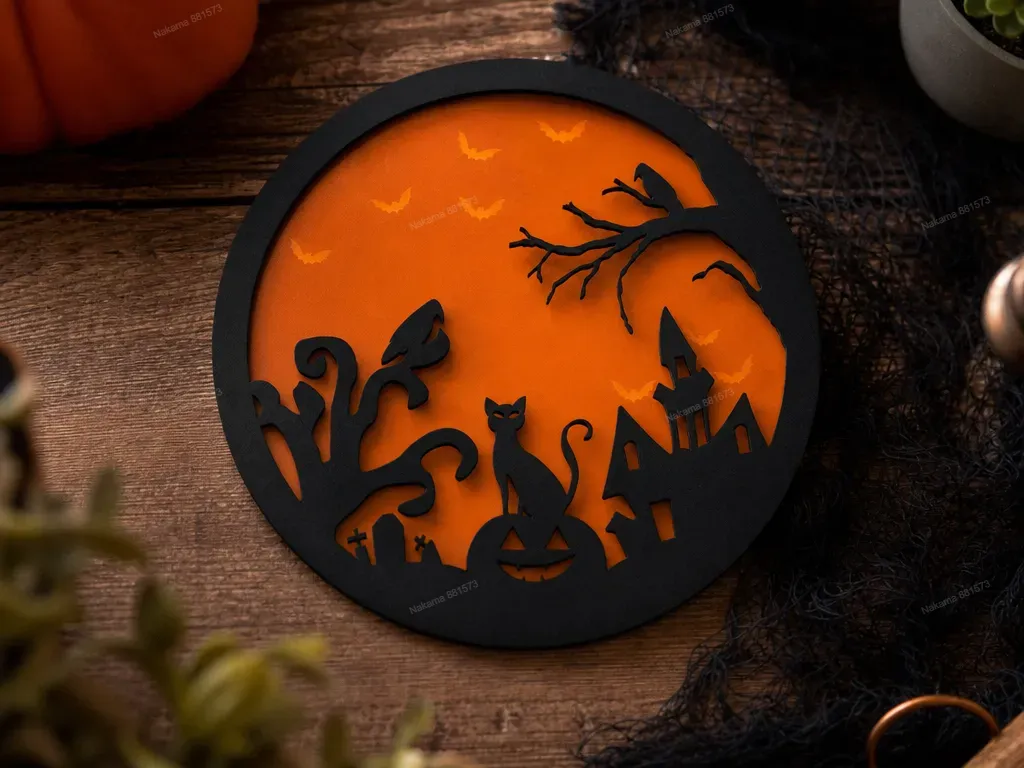 Round Halloween Silhouette Wall Sign with Cat and Haunted House