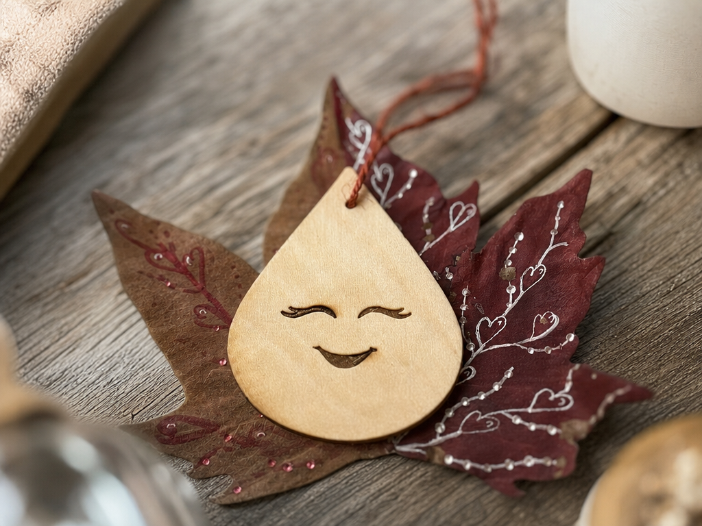Adorno de madera con forma de gota y carita sonriente