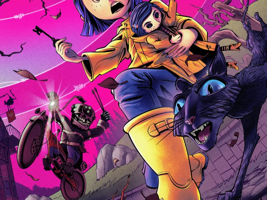 Ilustración de Coraline con su muñeca, el gato negro y la llave