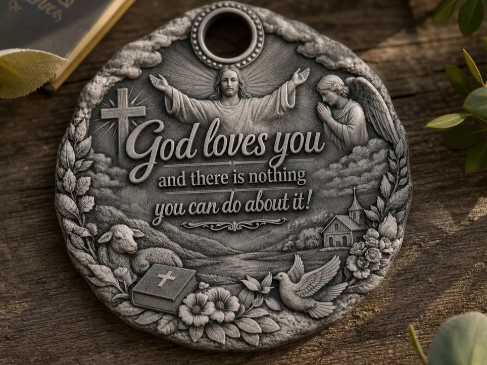 God Loves You Religious Wall Plaque or Keychain with Jesus and Angel Motif