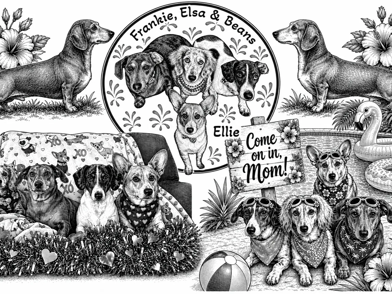 Dachshund and Corgi Themed Illustration Featuring Frankie, Elsa, Beans, and Ellie