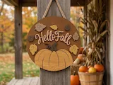 [Laser cut and engrave] Hello Fall Round Wooden Door Sign with Pumpkin and Leaves
