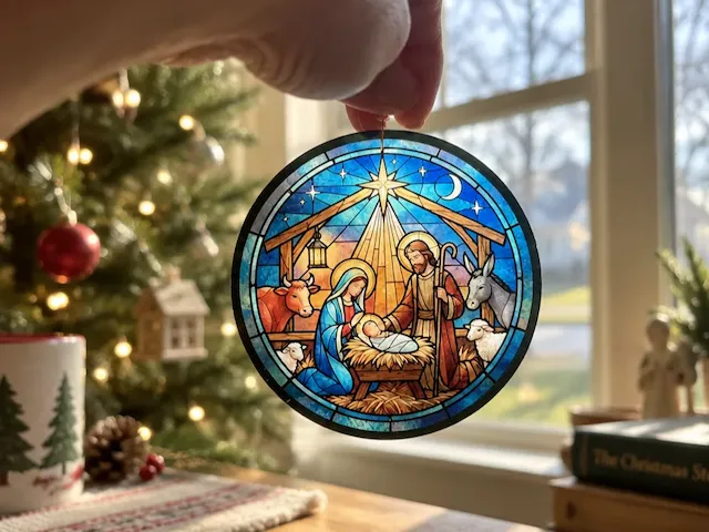 Stained Glass Style Nativity Scene Christmas Ornament