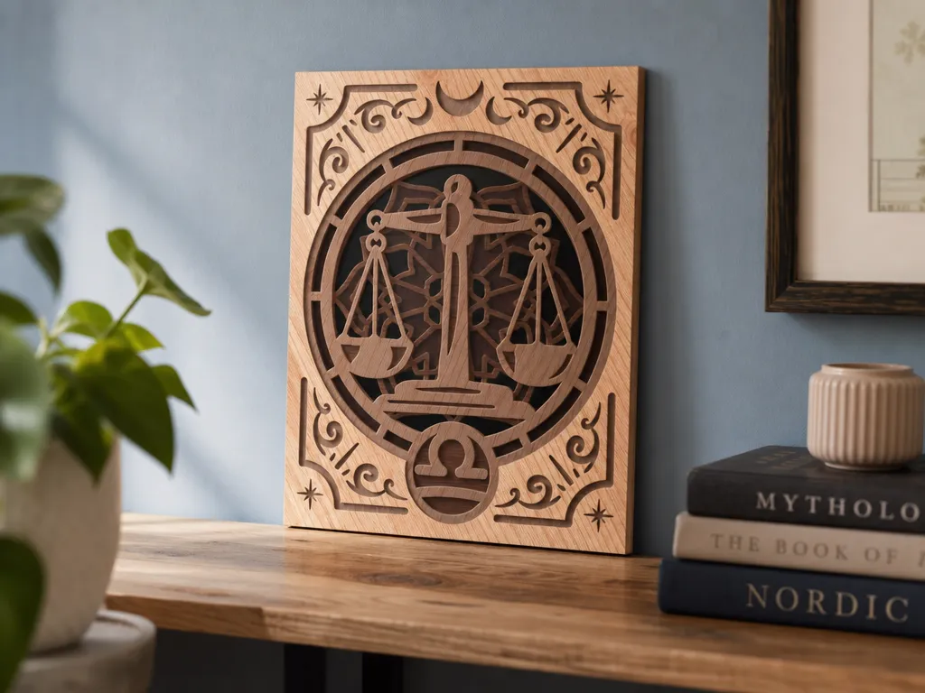 Libra Zodiac Sign Wooden Wall Art with Scale Motif