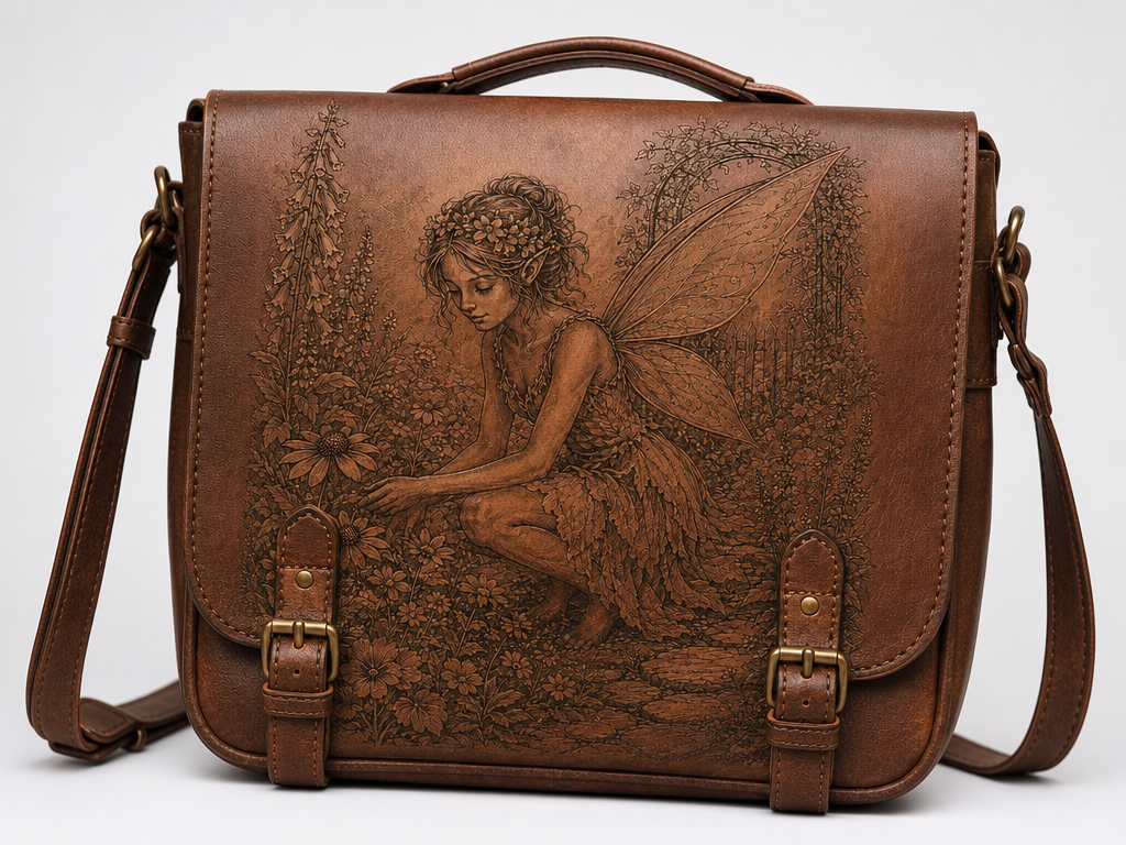 Brown Leather Satchel Featuring Fairy and Floral Garden Illustration