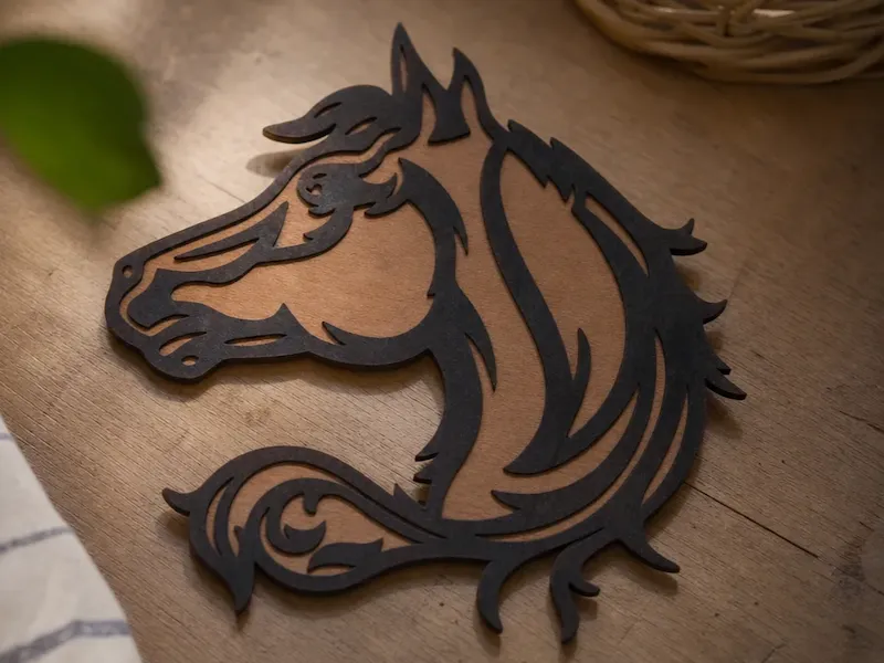 Décoration murale en bois en forme de tête de cheval stylisée