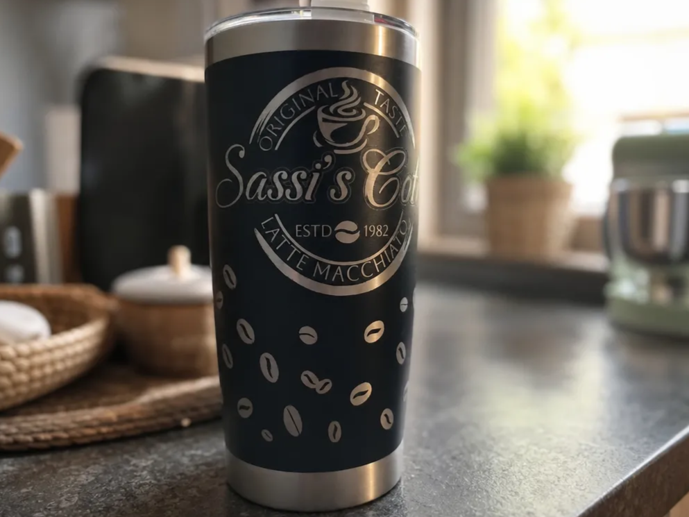 Schwarzer Isolierbecher mit Kaffeebohnen Motiv und Sassi's Coffee Logo