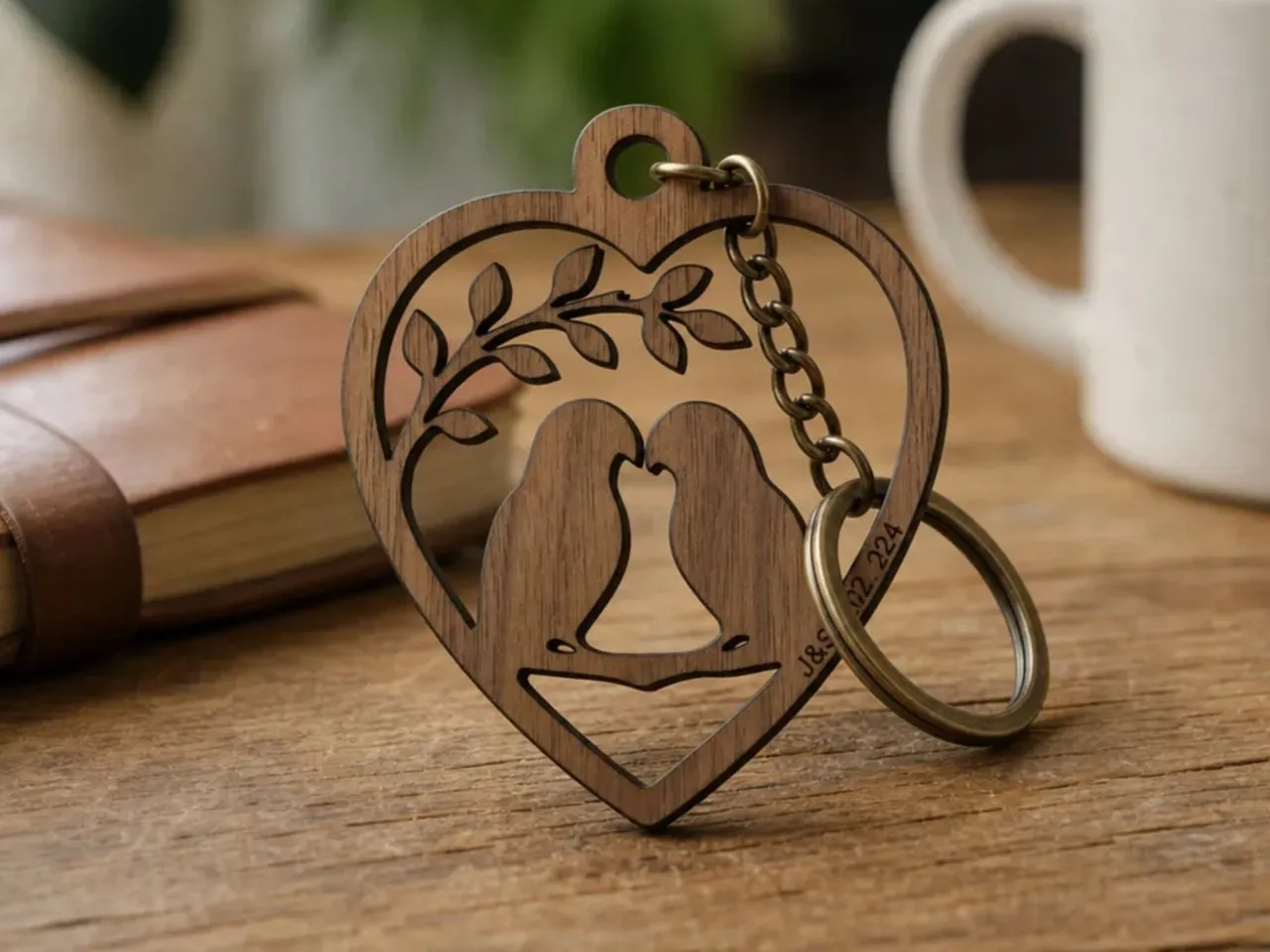 [Laser cut and engrave] Heart Shaped Keychain with Lovebirds and Branch Motif