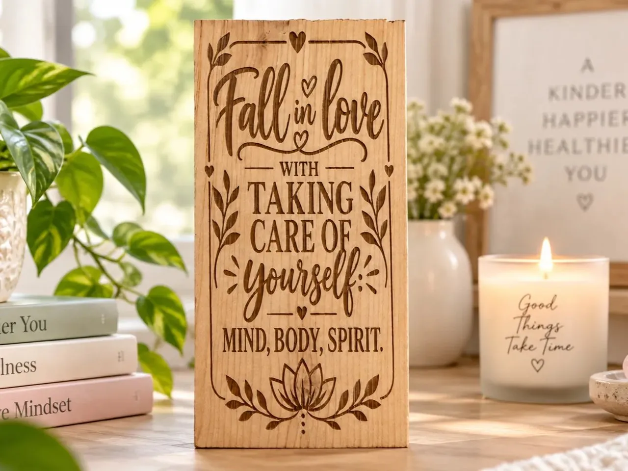 [Laser cut and engrave] Fall In Love With Taking Care Of Yourself Wooden Quote Sign