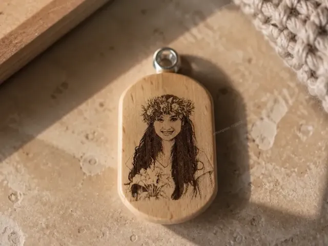 Wooden pendant featuring a portrait of a woman with a flower crown