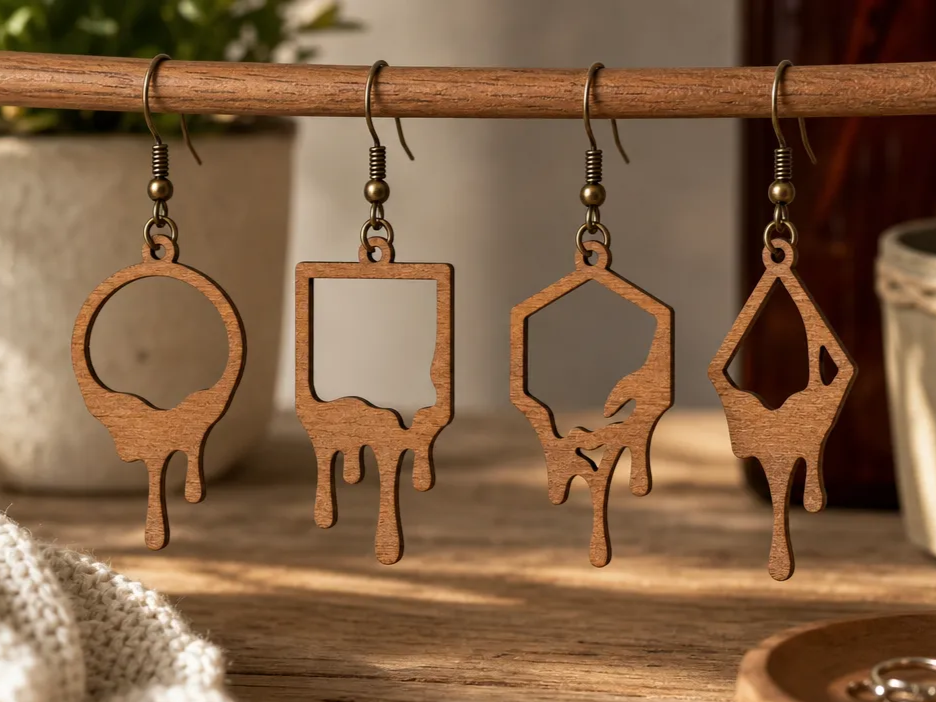 Geometric Drip Design Wooden Drop Earrings