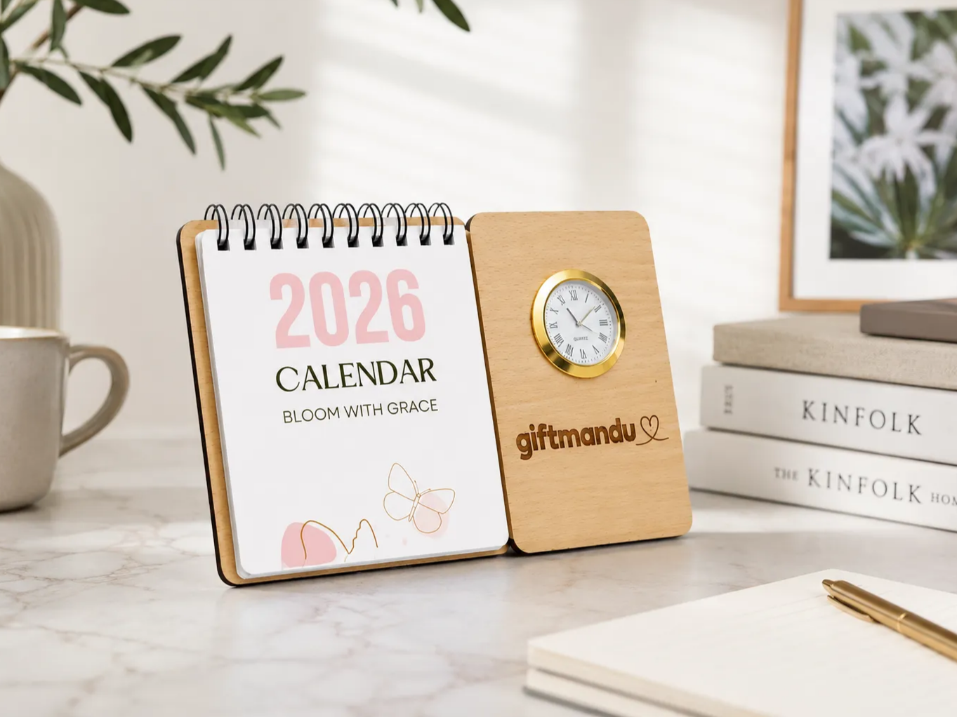 WOODEN TABLE STAND WITH CALENDAR AND CLOCK