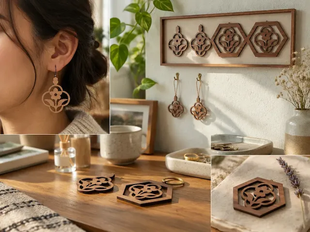 Floral Motif Wooden Earrings and Hexagonal Wall Hanging Decor
