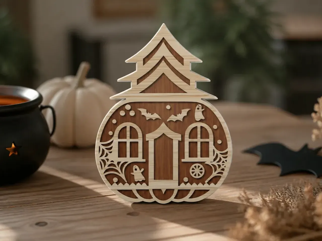 [Laser cut and engrave] Halloween Haunted House Pumpkin Tabletop Sign