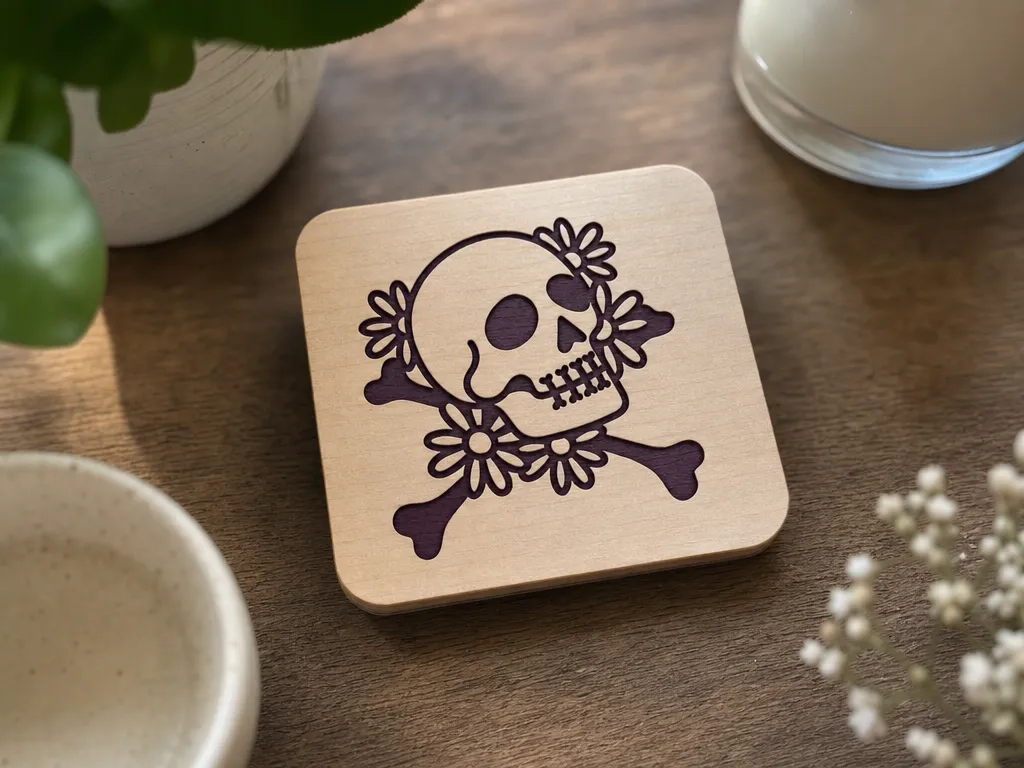 Square Wooden Coaster Featuring a Floral Skull and Crossbones Design