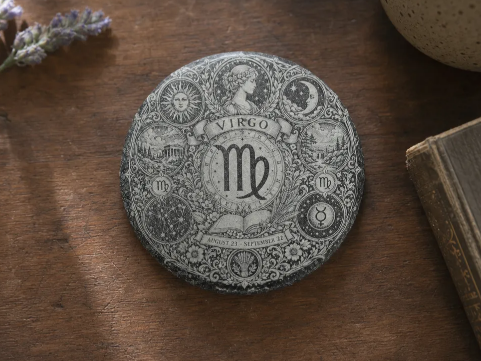 [Laser cut and engrave] Virgo Zodiac Sign Circular Stone Plaque