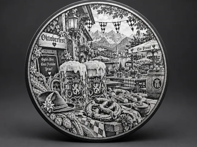 Oktoberfest Themed Round Wall Plaque Featuring Beer Steins and Pretzels